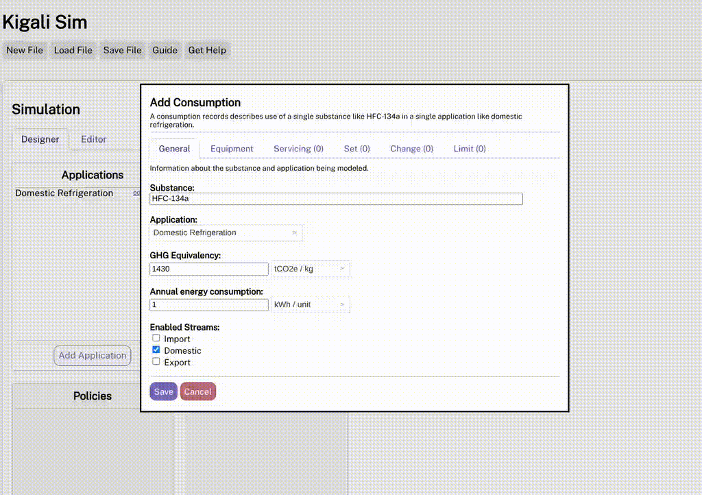Animated GIF showing how to specify equipment properties